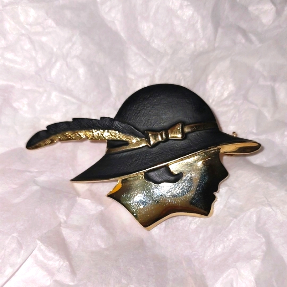 Vintage Gold & Black Feathered Hat Lady Brooch